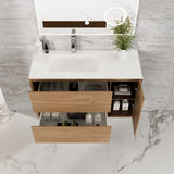 Eviva Prancer 36"W x 20"D Natural Oak Wall Mount Bathroom Vanity with White Solid Surface Countertop and Integrated Sink