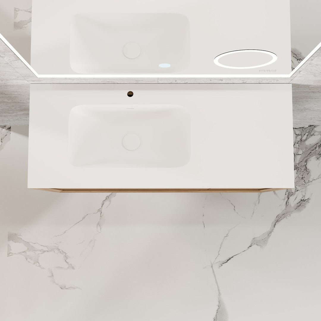 Eviva Prancer 36"W x 20"D Natural Oak Wall Mount Bathroom Vanity with White Solid Surface Countertop and Integrated Sink