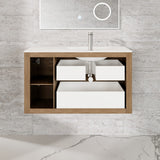 Eviva Prancer 36"W x 20"D Natural Oak Wall Mount Bathroom Vanity with White Solid Surface Countertop and Integrated Sink