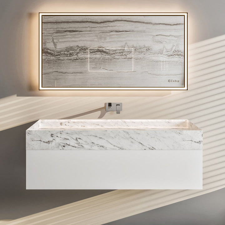 Eviva Fritti 48 in. W x 20 in. D x 16.5 in. H Floating Bathroom Vanity in White with White Carrara Marble Top with Trough Sink