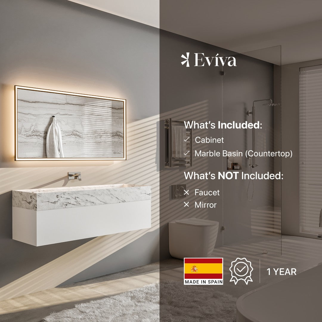 Eviva Fritti 48 in. W x 20 in. D x 16.5 in. H Floating Bathroom Vanity in White with White Carrara Marble Top with Trough Sink