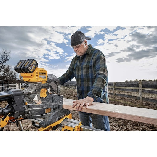 DEWALT FLEXVOLT 120V MAX Lithium‑Ion Brushless 12 in. Sliding Miter Saw Kit with (2) Batteries (2Ah) and Bonus Radio