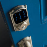 Schlage Camelot Satin Nickel Connect Z-Wave Plus Smart Deadbolt & Camelot Handleset with Accent Lever, Camelot Trim