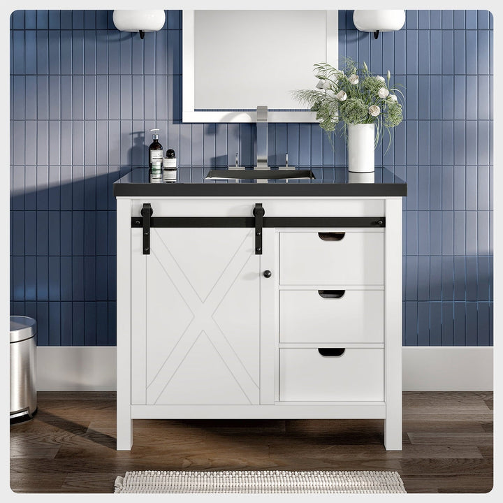 Eviva Dallas 36 in. W x 22 in. D x 34 in. H Bath Vanity in White with Black Granite Top and Black Sink