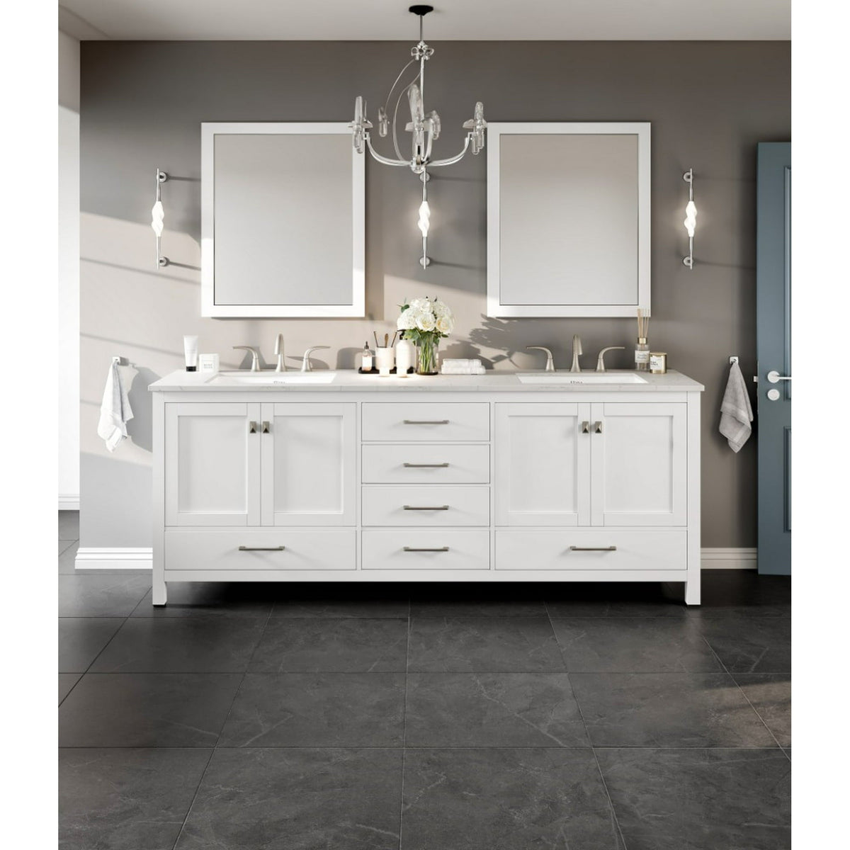 Eviva Frontier 84"W x 22"D Dark Gray Double Sink Bathroom Vanity with White Cultured Marble Countertop and Undermount Porcelain Sinks