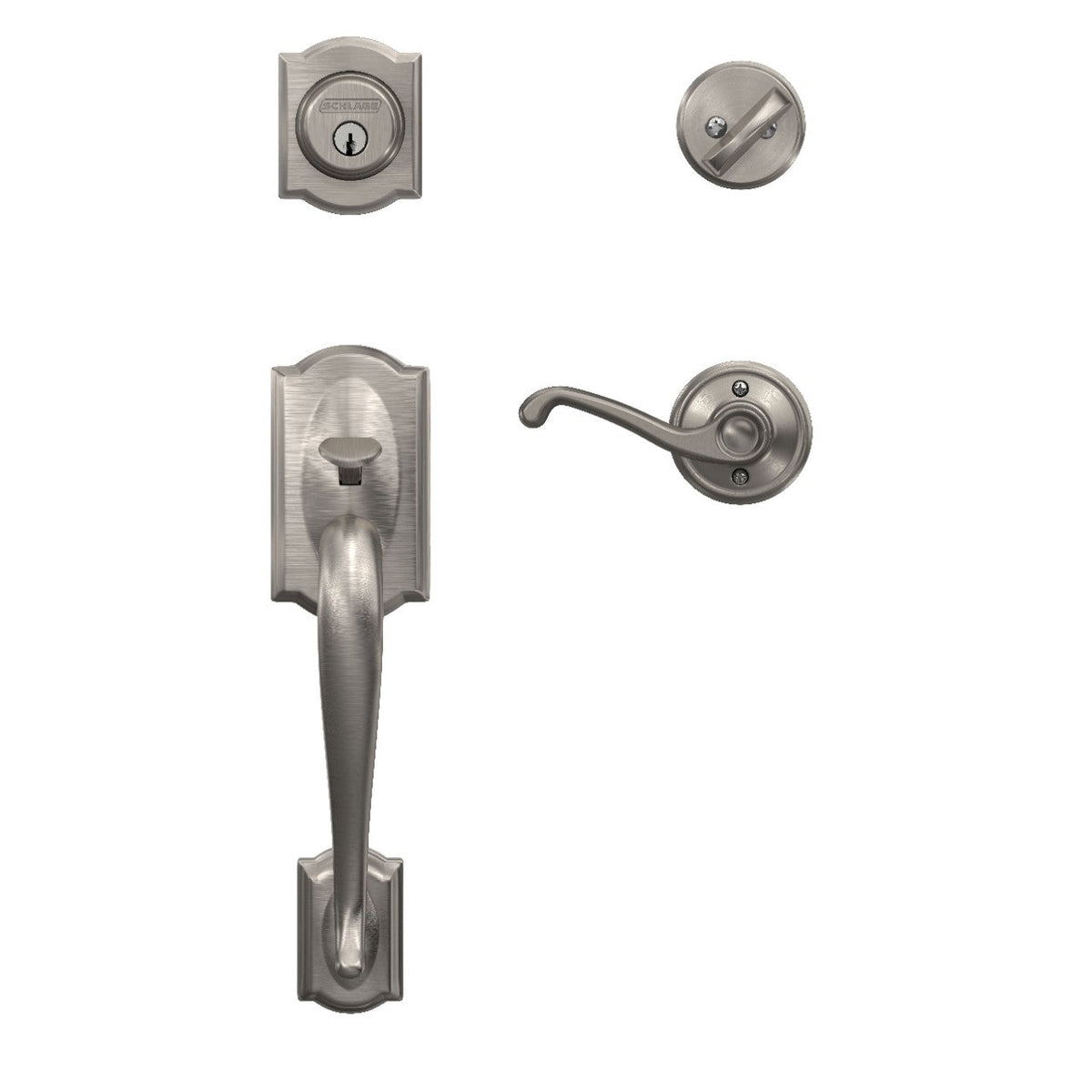 Schlage Camelot Satin Nickel Single Cylinder Deadbolt with Left-Handed Flair Lever Handleset