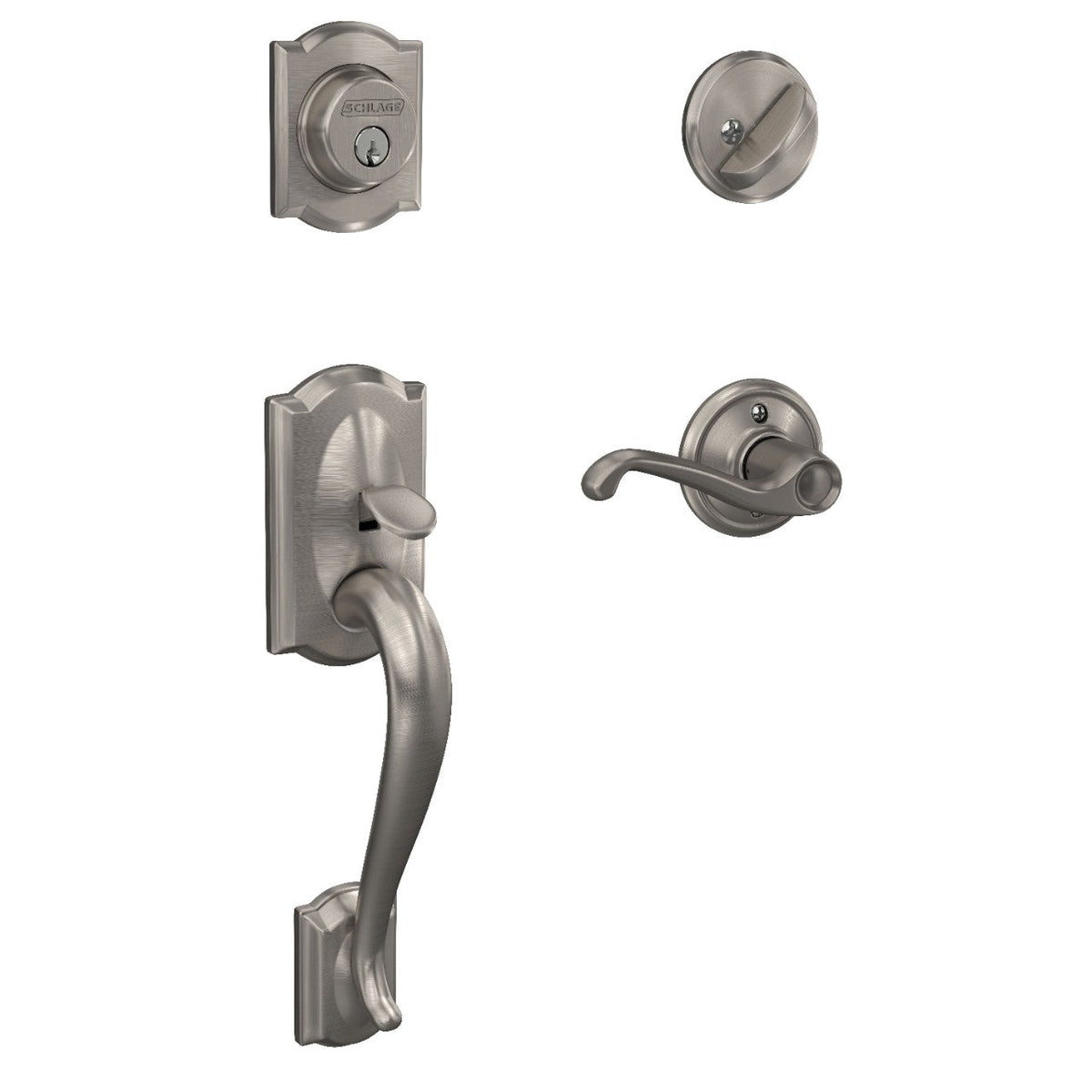 Schlage Camelot Antique Brass Single Cylinder Deadbolt with Left-Handed Flair Lever Door Handleset