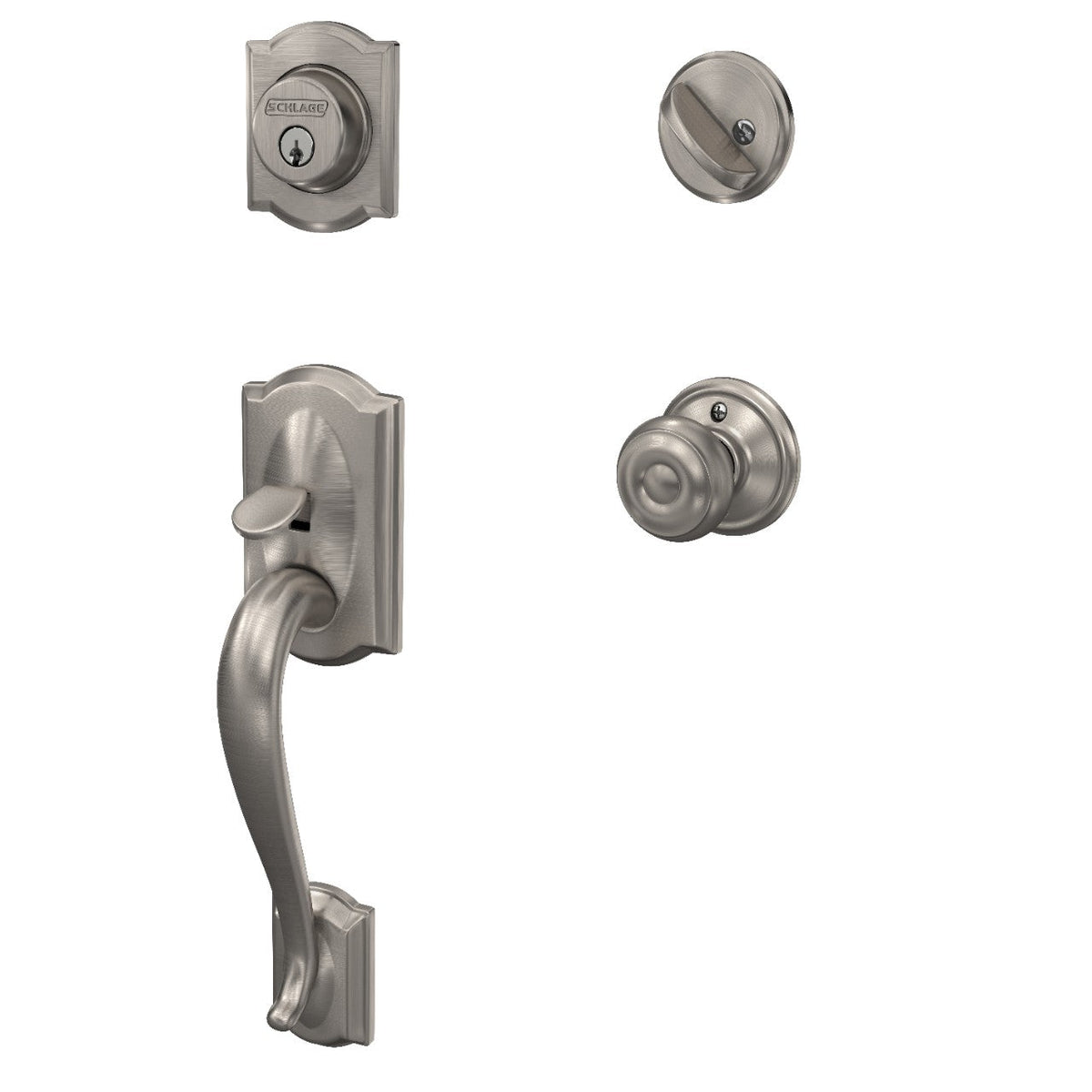 Schlage F60 Camelot Antique Brass Single-Cylinder Deadbolt Keyed Entry Door Handleset with Georgian Knob