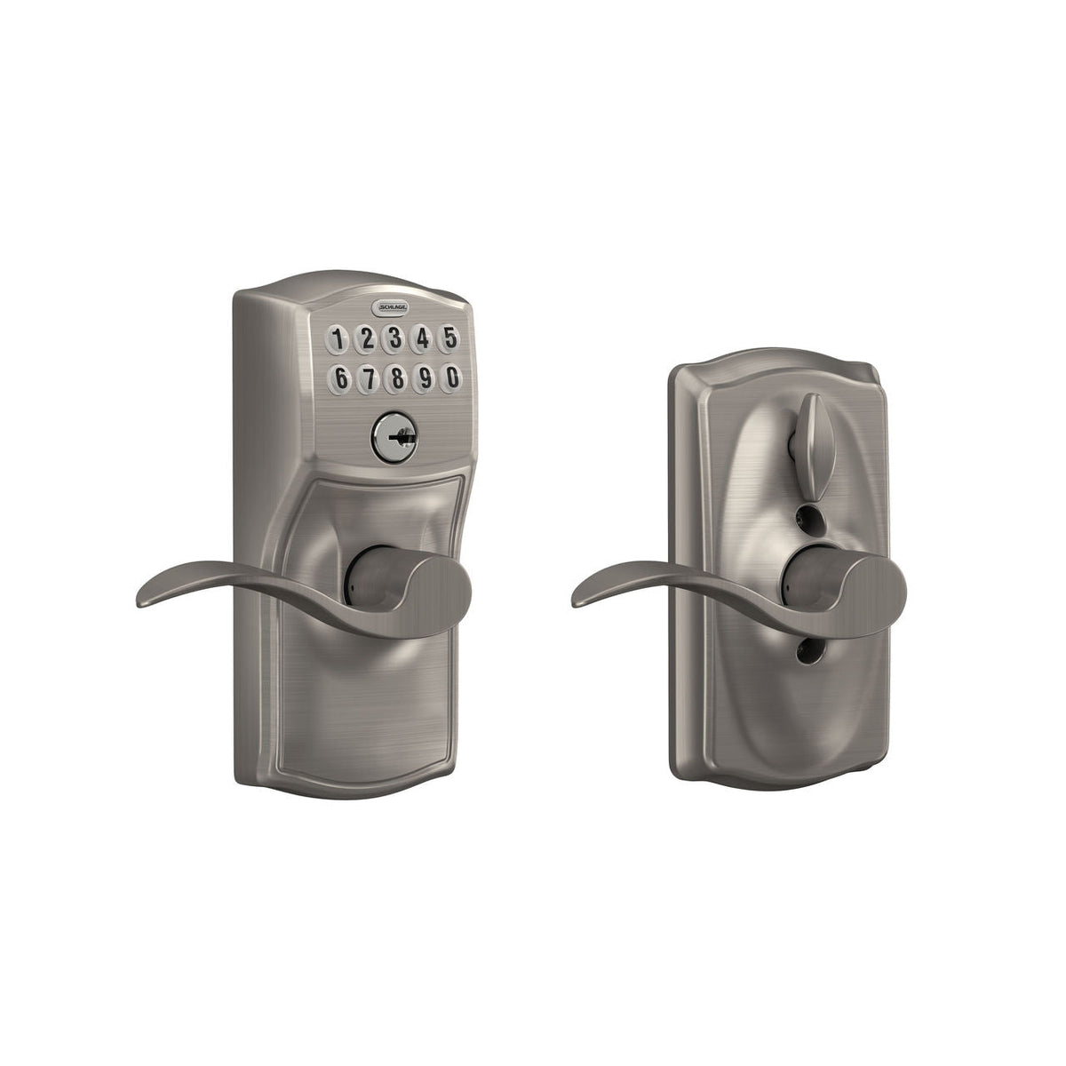 Schlage Camelot Satin Nickel Electronic Keypad Door Lock with Accent Lever and Flex‑Lock