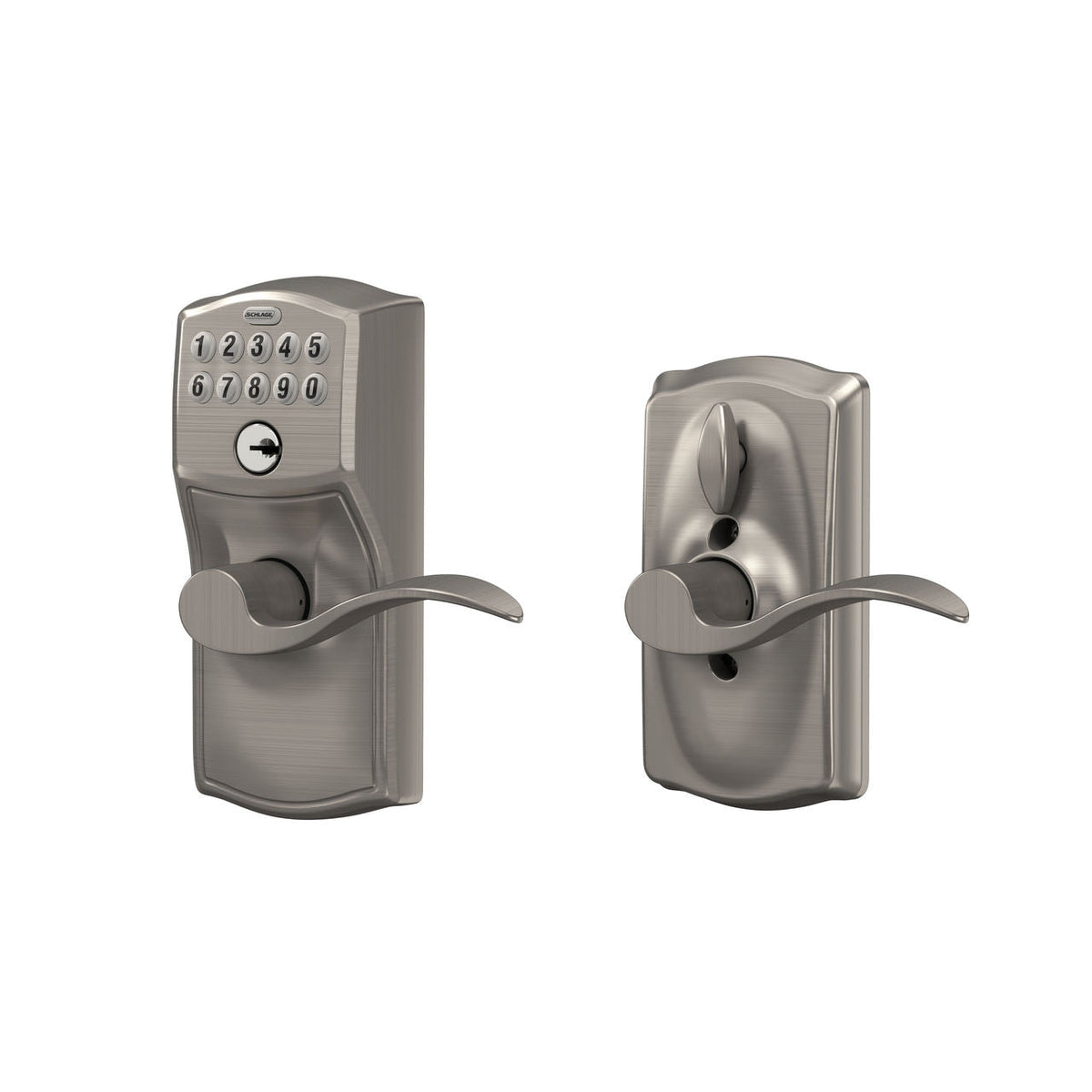 Schlage Camelot Satin Nickel Electronic Keypad Door Lock with Accent Lever and Flex‑Lock