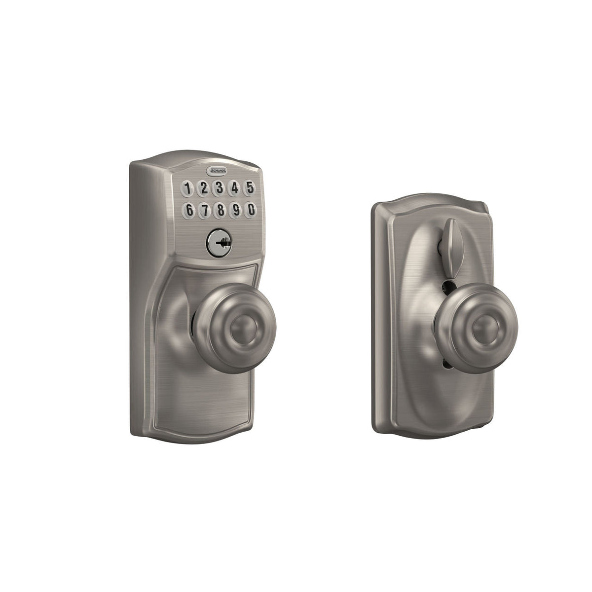 Schlage Camelot Satin Nickel Electronic Keypad Door Lock with Georgian Knob and Flex Lock
