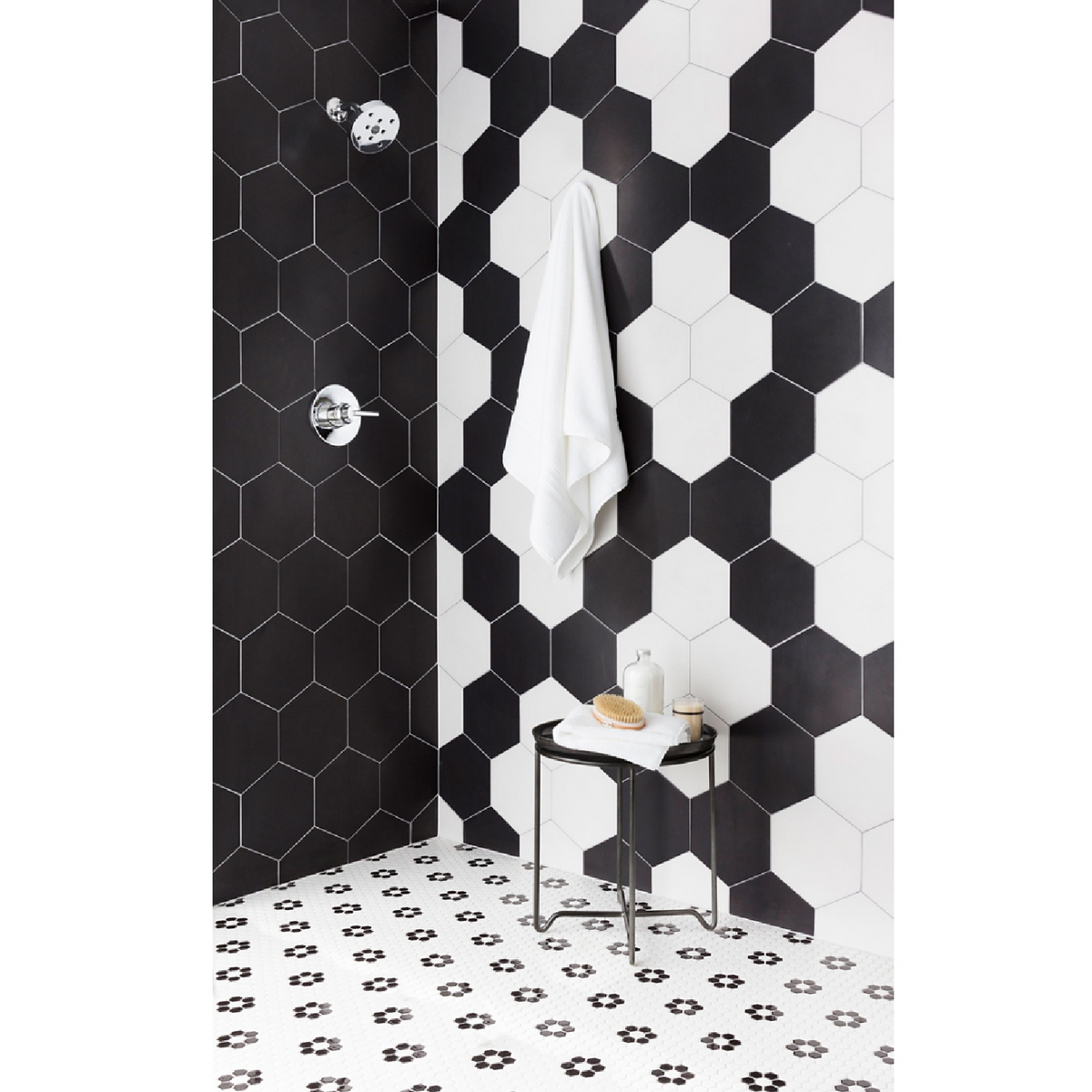 Hex Matte White with Black Flower Porcelain Mosaic Wall and Floor Tile