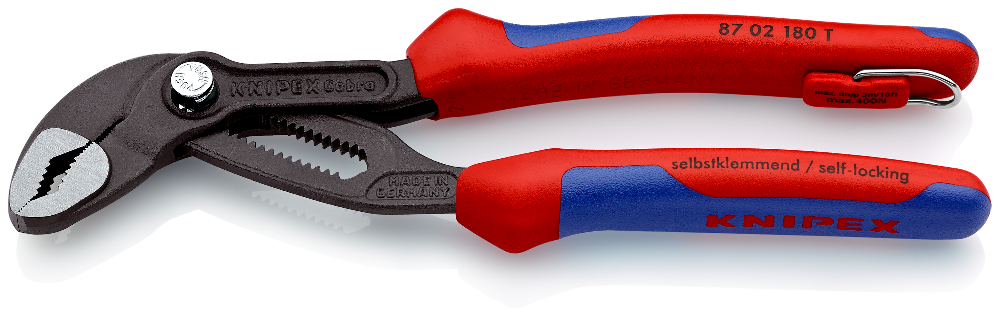 KNIPEX Cobra High-Tech Water Pump Pliers, 7.25 in (180 mm) with V-Jaw and Tether Attachment