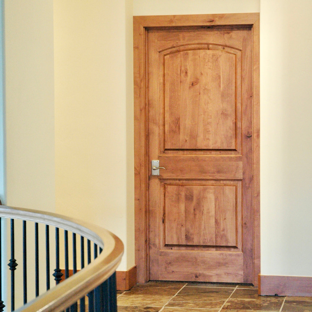 30 in. x 80 in. Rustic Knotty Alder 2-Panel Top Rail Arch Solid Core Wood Stainable Interior Door Slab