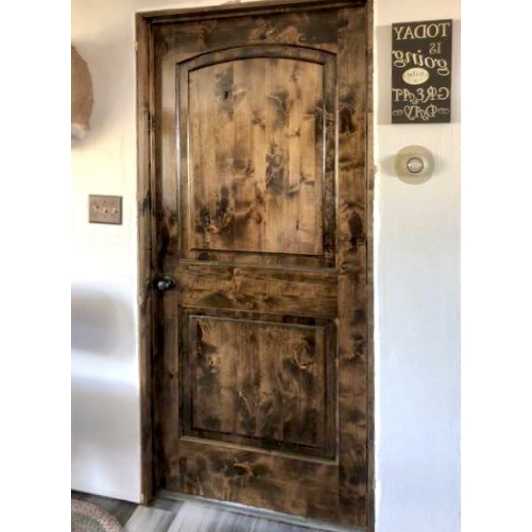 Krosswood Doors 30 in. x 80 in. Knotty Alder 2-Panel Top Rail Arch with V-Groove Solid Wood Core Interior Door Slab