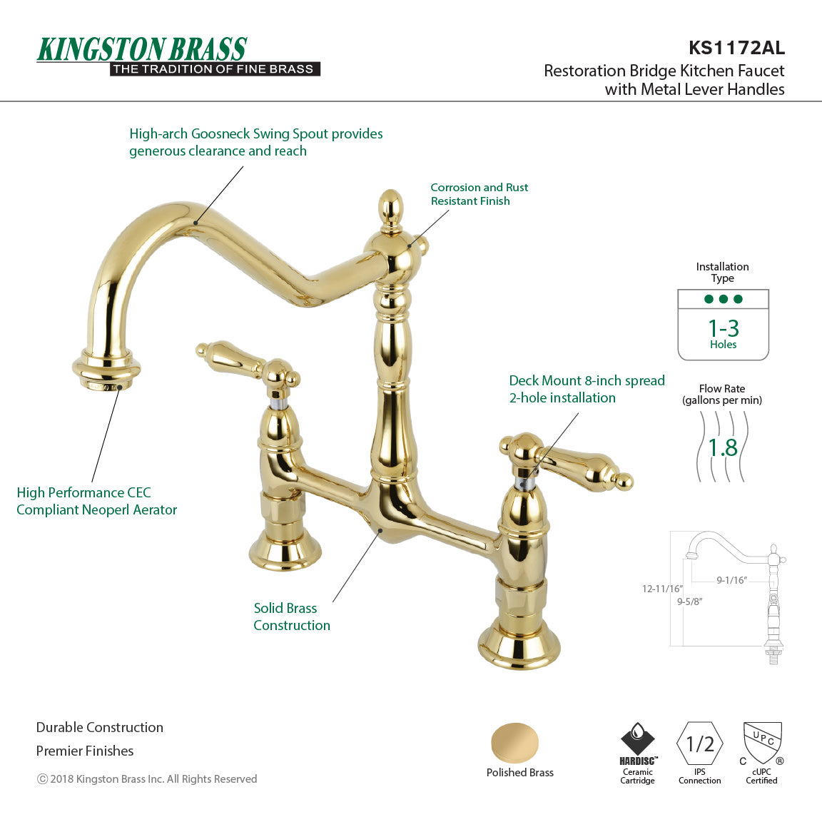 Elements of Design Heritage Polished Brass 2-Handle Deck-Mount Bridge Kitchen Faucet with Deck Plate