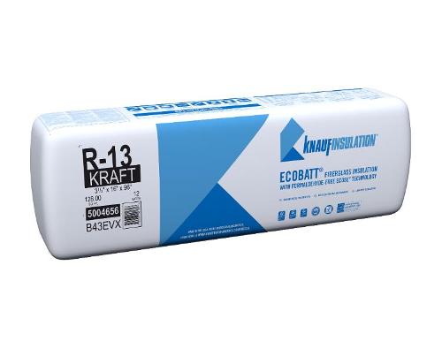 R-13 EcoBatt Kraft Faced Fiberglass Insulation Batt, 3-1/2" x 16" x 96", 128 sq ft – Knauf Insulation