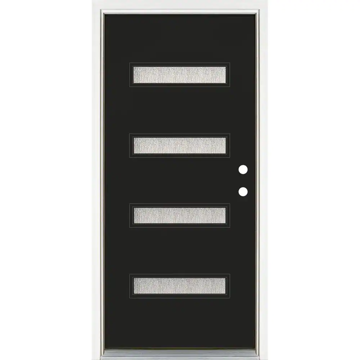 MP Doors 36 in. x 80 in. Left-Hand Inswing 4 Lite Water Wave Glass Black Finished Fiberglass Prehung Front Door