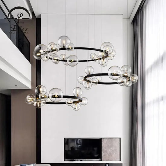 DLSS Lighting Modo Clear Bubbles Glass Round Black Chandelier/Pendant Light
