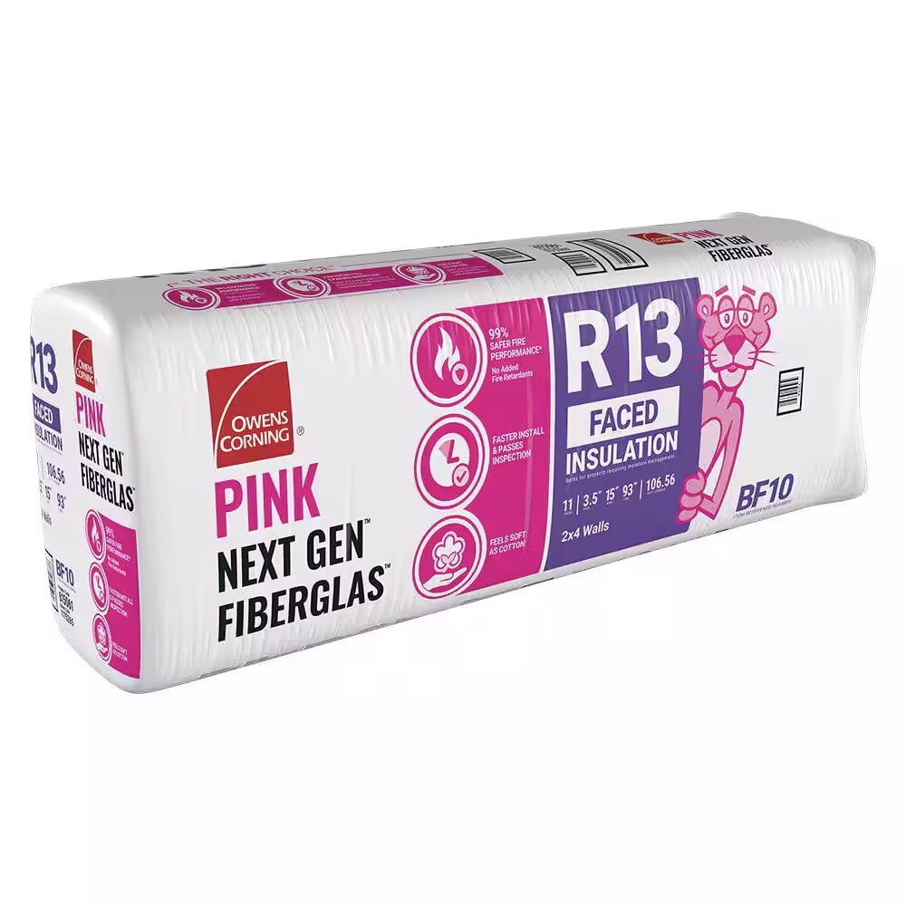 Owens Corning PINK Next Gen Fiberglas Kraft Faced Wood Framing Insulation R-13, 15" x 93" BF10