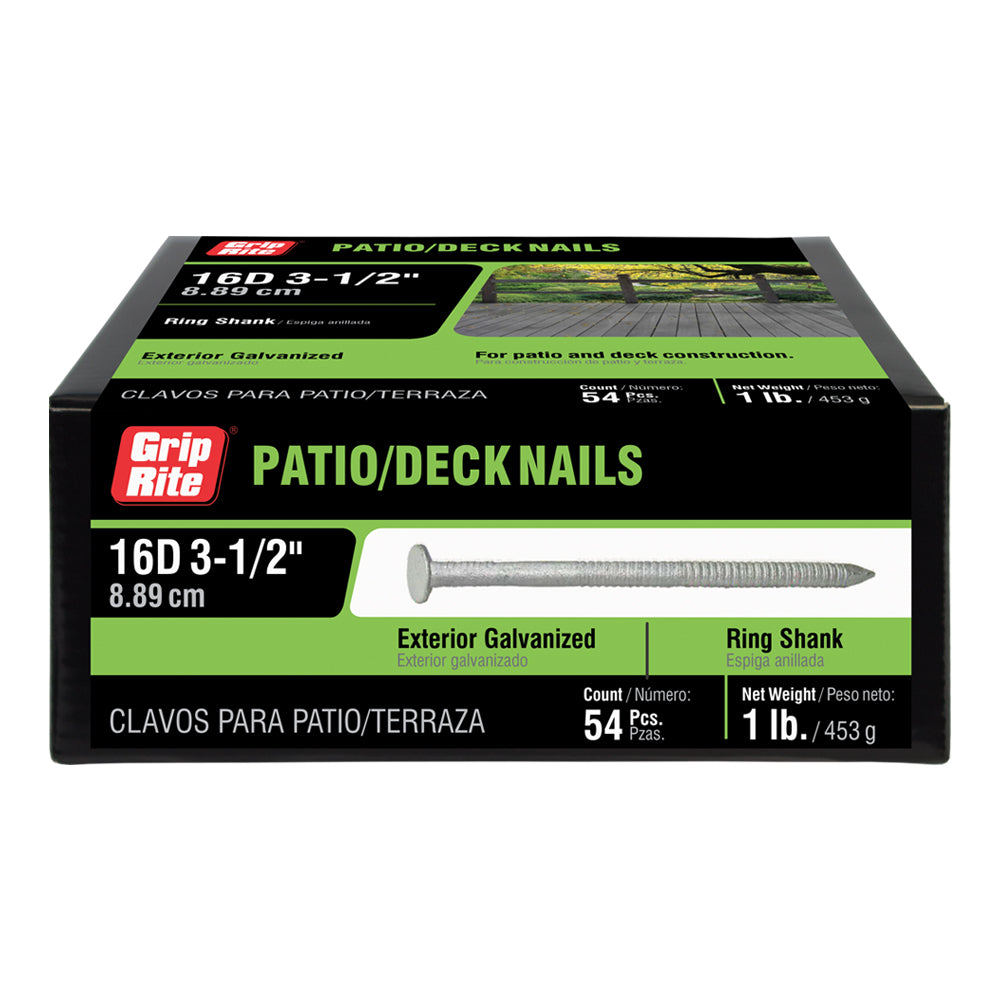 Grip-Rite 16D 3-1/2 in. Patio/Deck Nails, Hot-Dipped Galvanized Steel, Flat Checked Head – 50 lb