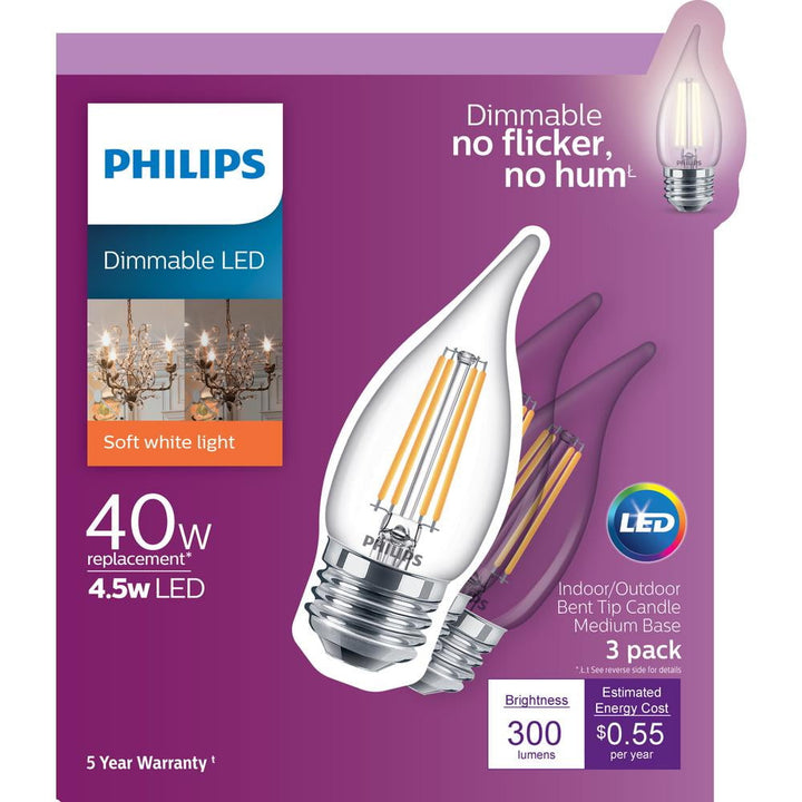 Philips 40-Watt Equivalent B11 Dimmable Edison LED Candle Light Bulb, Glass Bent Tip, Candelabra Base, Daylight 5000K, 6-Pack