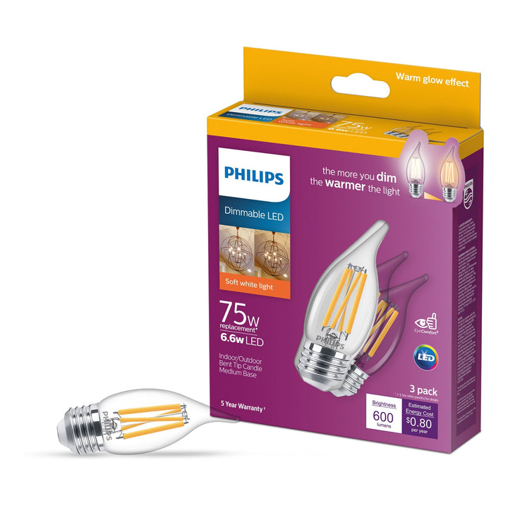 Philips 75-Watt Equivalent BA11 Dimmable Warm Glow LED Bent-Tip Candle Bulb, E26 Medium Base, Soft White 2700K, 3-Pack