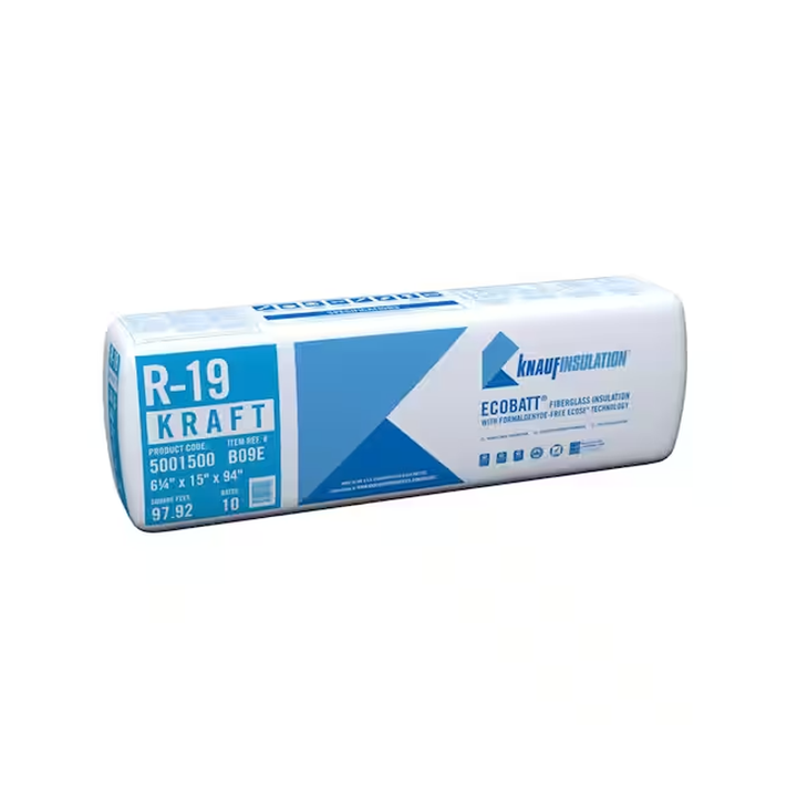 Knauf Insulation EcoBatt R-19 Kraft-Faced Fiberglass Insulation Batts, 6.25 in x 15 in x 94 in, 97.92 sq ft
