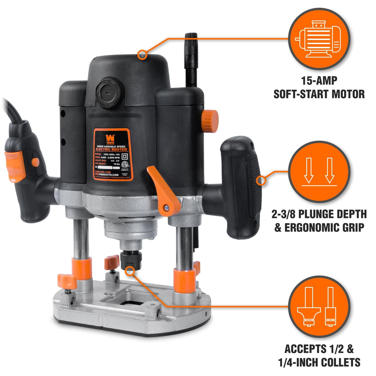 WEN RT6033 15-Amp Variable Speed Plunge Woodworking Corded Router Kit with Carrying Case and Edge Guide