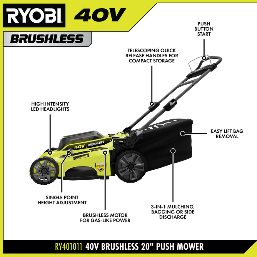 RYOBI 20 in. 40-Volt Brushless Lithium-Ion Cordless Walk-Behind Push Lawn Mower, 6.0Ah Battery & Charger Included