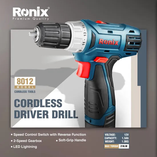 Ronix 8012 Cordless Drill Set Brushless Power Drill Kit with Fast Charger Keyless Chuck and Variable Speed Home Repairing Tool