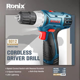 Ronix 8012 Cordless Drill Set Brushless Power Drill Kit with Fast Charger Keyless Chuck and Variable Speed Home Repairing Tool