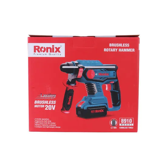Ronix 8910 Brushless Cordless Rotary Hammer 20V SDS Plus Rotary Hammer Drill 4 Modes Selector Brushless Rotary Hammer