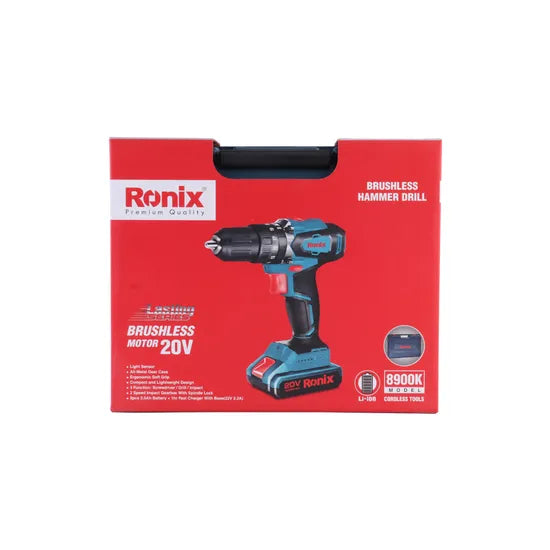 Ronix Brushless Impact Drill Kit 13mm 8900K Lithium Electric Drill for Home Use 20V 45n. M Impact Drill Set with Battery