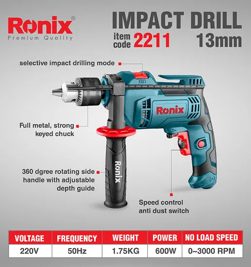 Ronix Model 2211 13mm 2800rpm 600W High Quality Impact Drill