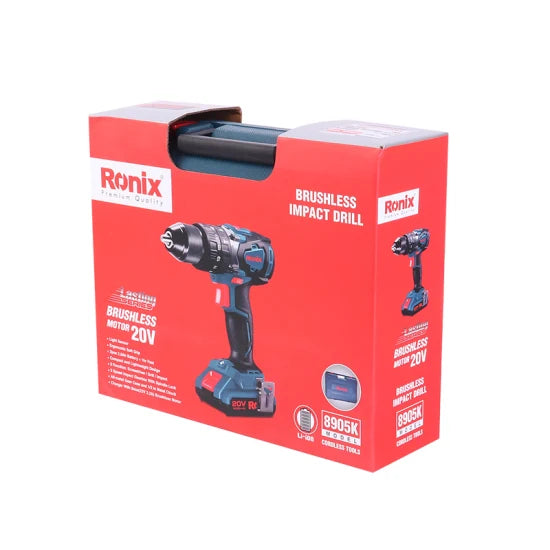 Ronix Model 8905K New Design 13mm 20V 2A 2batteries Power Tool Cordless Brushless Rotary Electric Power Hammer Drill Kit
