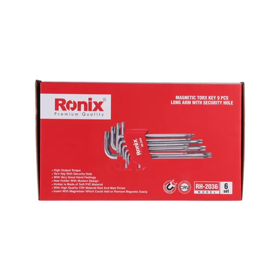Ronix Model Rh-2036 CRV Material 9PCS Long Arm with Security Hole Magnetic Torx Key