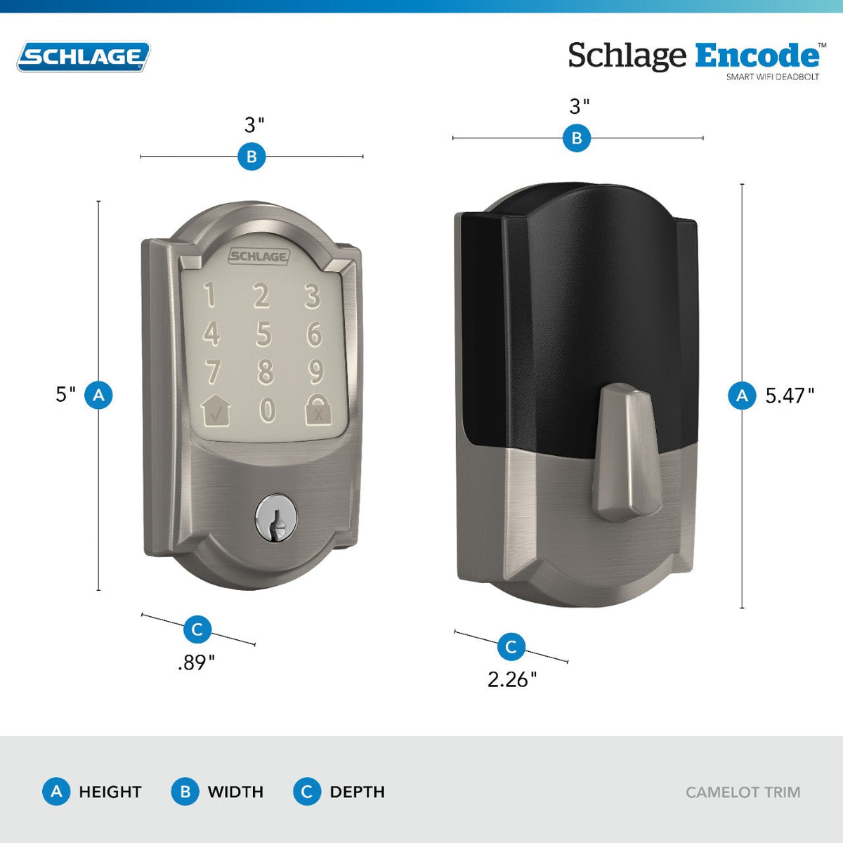 Schlage Camelot Matte Black Encode Smart WiFi Deadbolt with Alarm and Camelot Handleset, Georgian Knob, Camelot Trim