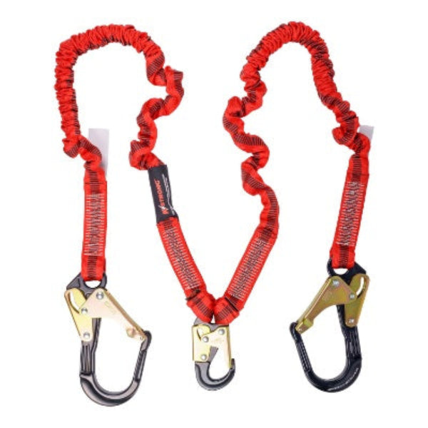 Shock Absorbing Lanyard - Elasticated Design - Twin Leg - 1 Aluminum Snap Hook - 2 Aluminum Rebar Hooks - 4.5ft - 6ft