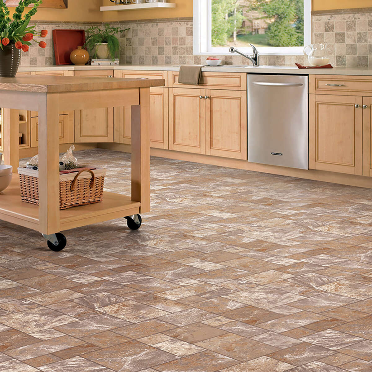Congoleum ArmorCore Pro UR Terrace Paver Sheet Vinyl, 12-ft Width, Cut-to-Length, Pale Smoke, Stone Look, Low-Gloss Finish