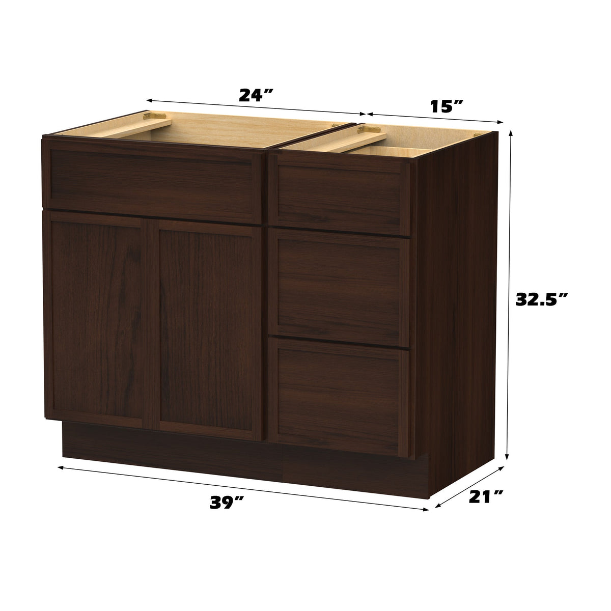 Vanity Art 15 in. W x 21 in. D x 32.5 in. H 3-Drawer Bath Vanity Cabinet Only in Brown, 39 in. Combo