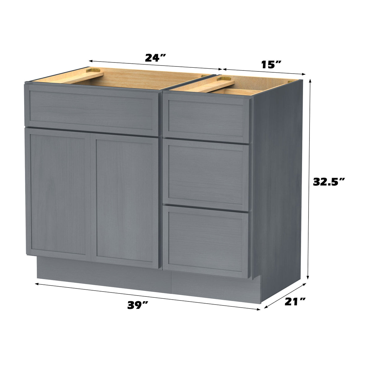 Vanity Art 15 in. W x 21 in. D x 32.5 in. H 3-Drawer Bath Vanity Cabinet Only in Brown, 39 in. Combo