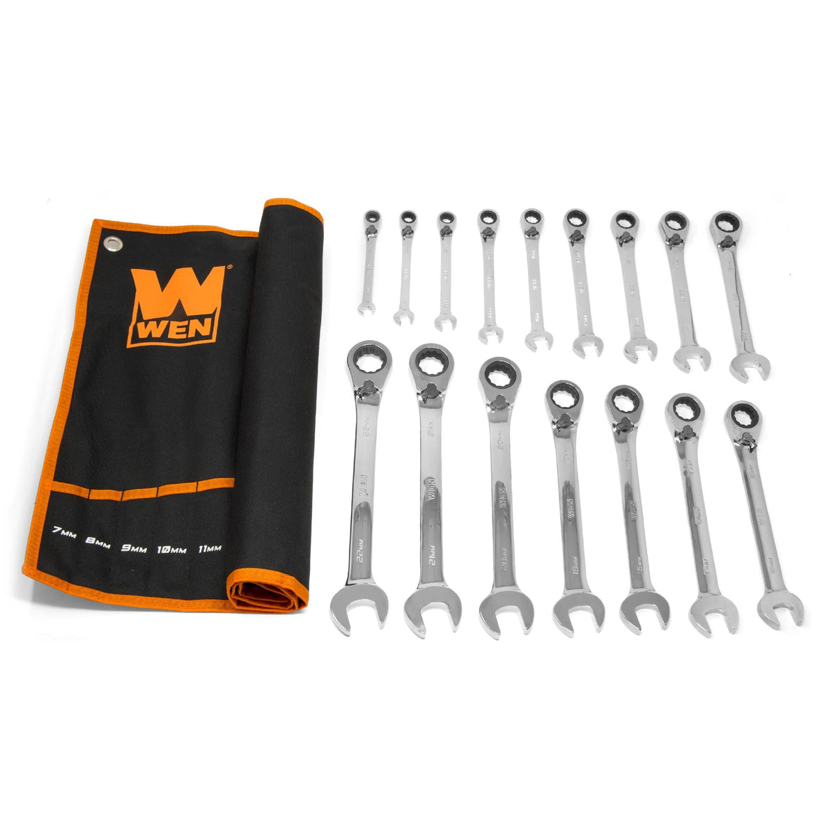 WEN WR162 Professional-Grade Reversible Ratcheting Metric Combination Wrench Set with Storage Pouch (16-Piece)