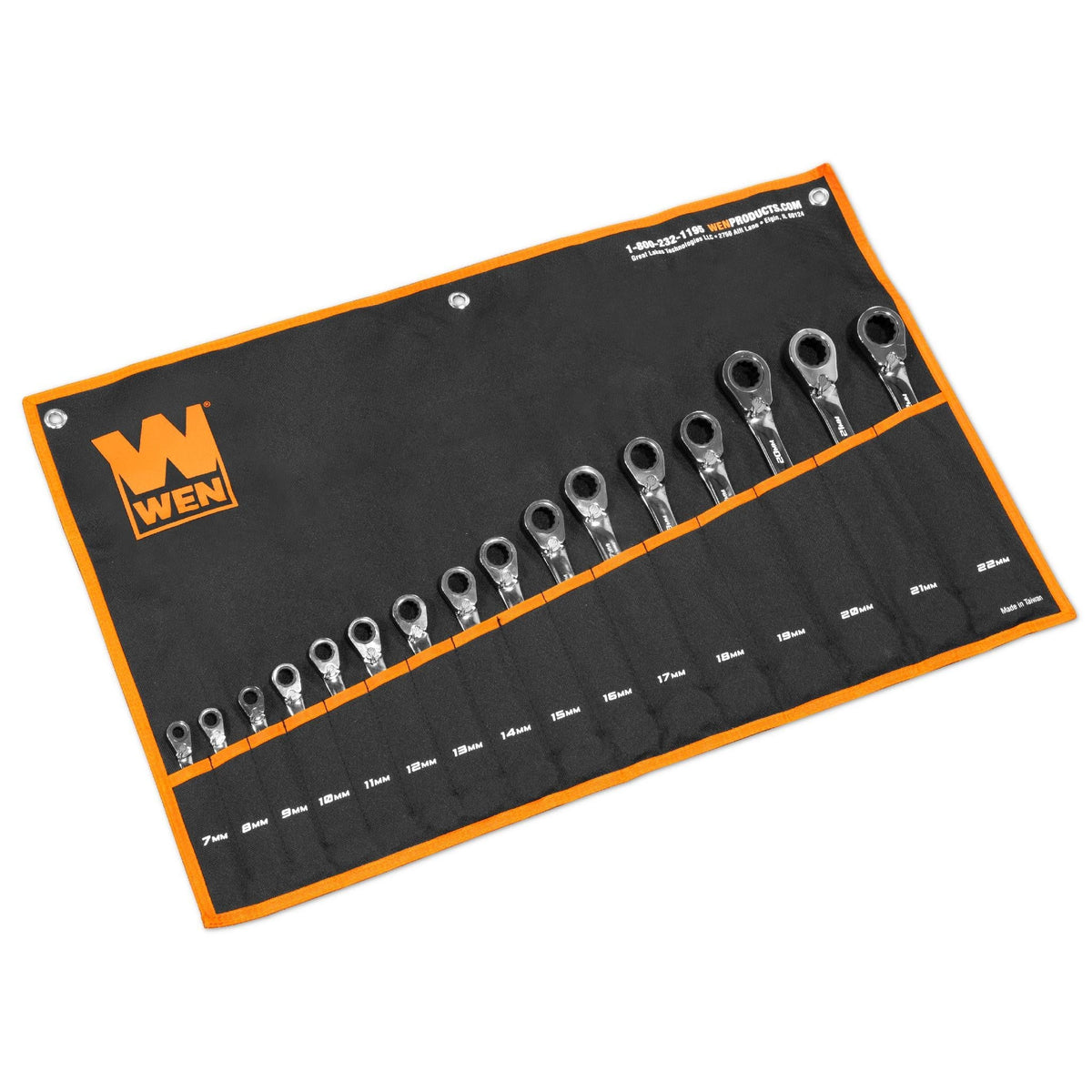 WEN WR162 Professional-Grade Reversible Ratcheting Metric Combination Wrench Set with Storage Pouch (16-Piece)