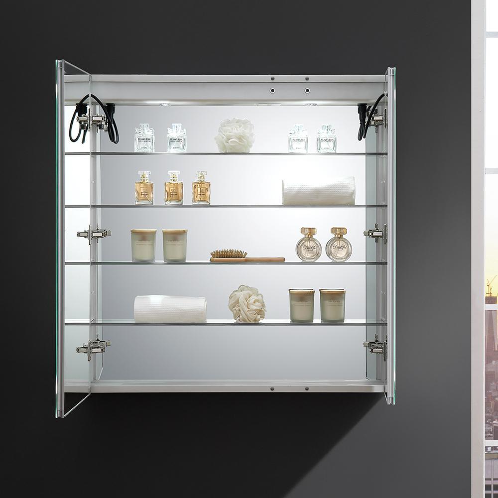 Spazio 36 in. W x 36 in. H Recessed or Surface Mount Medicine Cabinet with LED Lighting and Mirror Defogger - Super Arbor
