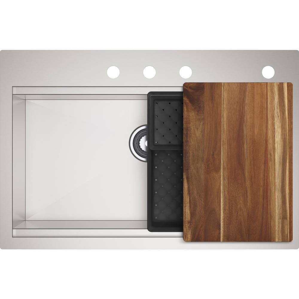 Lyric Dual Mount Workstation Stainless Steel 33 in 4-Hole Single Bowl Kitchen Sink with Integrated Ledge and Accessories - Super Arbor