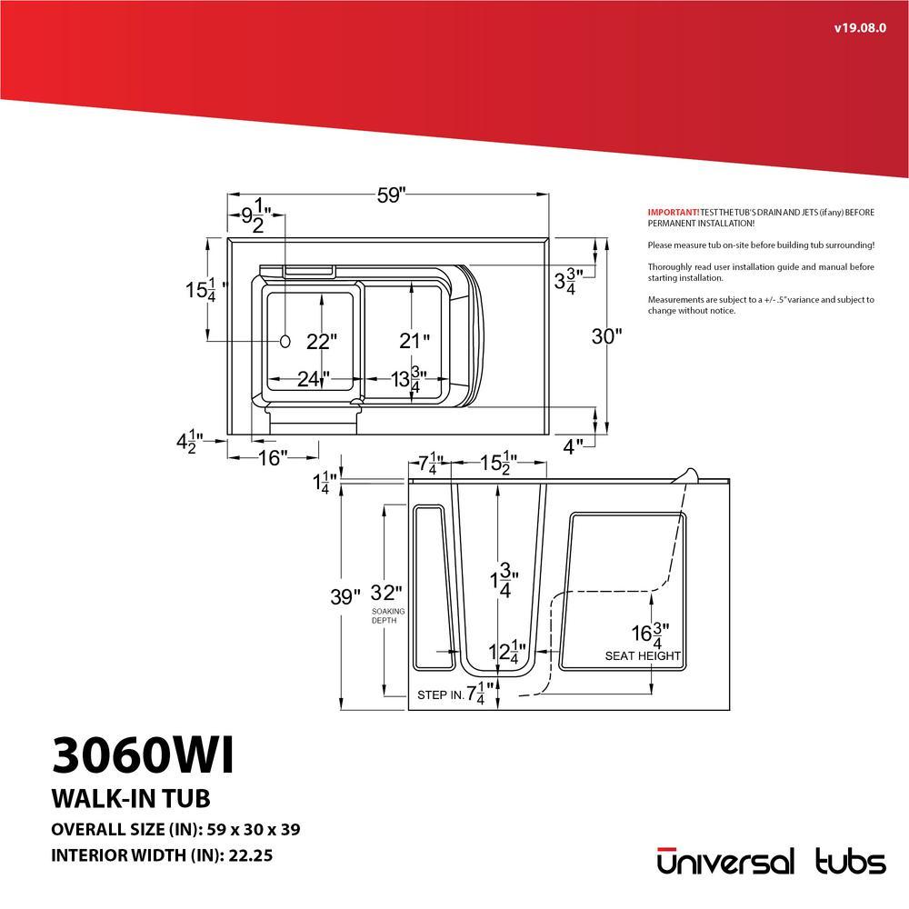 HD Series 60 in. Right Drain Quick Fill Walk-In Whirlpool Bath Tub with Powered Fast Drain in White - Super Arbor