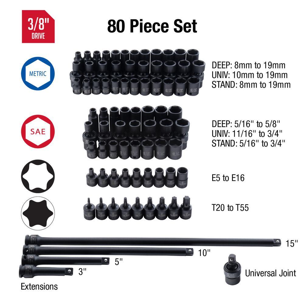 3/8 in. Drive Master Impact Socket Set (80-Piece) - Super Arbor