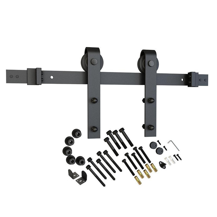 78 in. Black Solid Steel Rolling Barn Door Hardware Kit for Single Wood Doors with Non-Routed Adjustable Floor Guides - Super Arbor