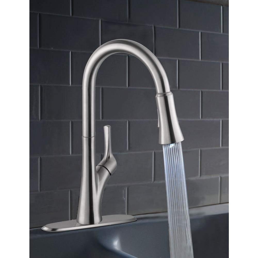 Single-Handle Pull-Down Sprayer Kitchen Faucet with LED Light in Stainless Steel - Super Arbor